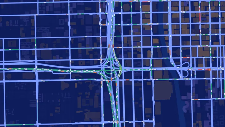 The simulated Chicago street network around the Circle Interchange, with vehicles on every lane.